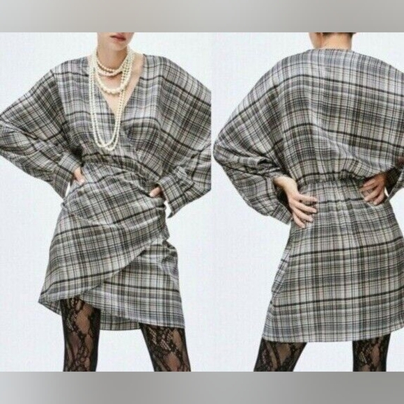 Zara Satin Effect long sleeve dress womens size Large academia plaid classic - Picture 16 of 16